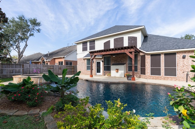 rear view of house with brick siding, a fenced in pool, fence, a pergola, and a patio