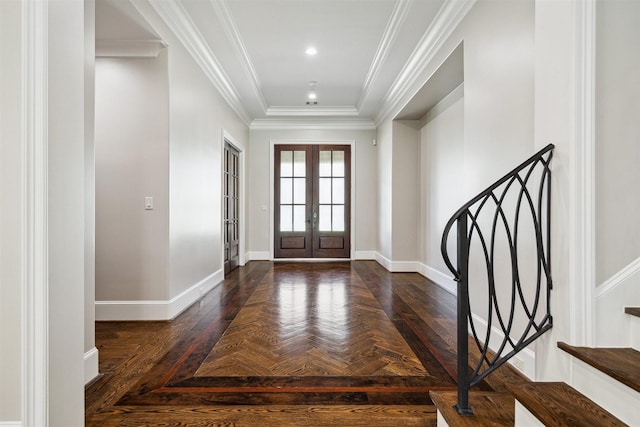 entrance foyer with crown molding, recessed lighting, french doors, and baseboards