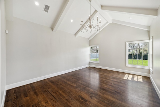 unfurnished living room featuring visible vents, baseboards, dark wood finished floors, beamed ceiling, and a notable chandelier