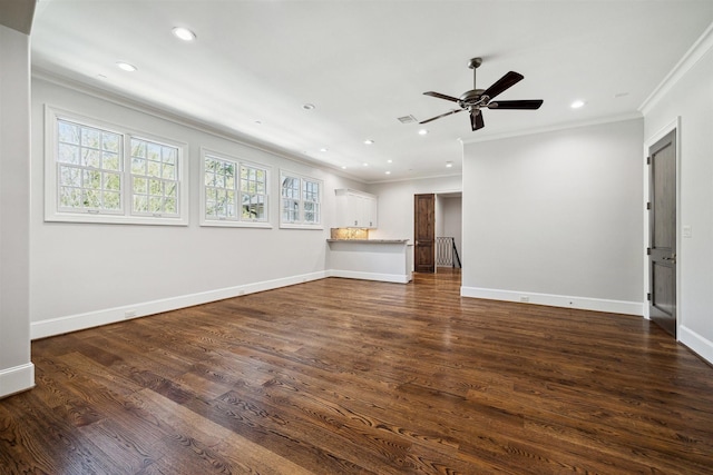 unfurnished living room featuring ceiling fan, baseboards, dark wood-type flooring, and ornamental molding