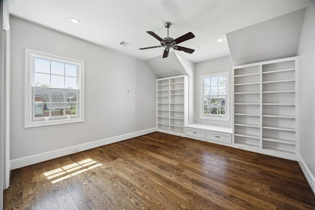 spare room with recessed lighting, baseboards, dark wood-type flooring, and ceiling fan