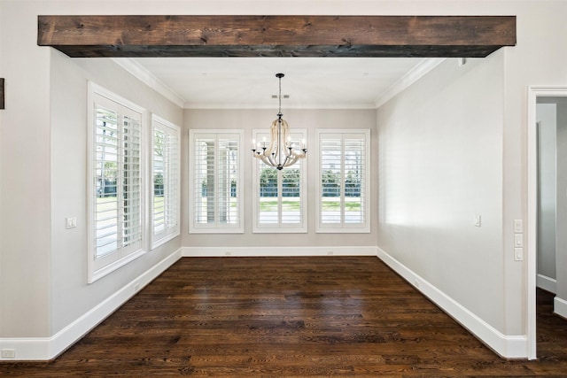 unfurnished dining area featuring an inviting chandelier, beam ceiling, baseboards, and dark wood-type flooring