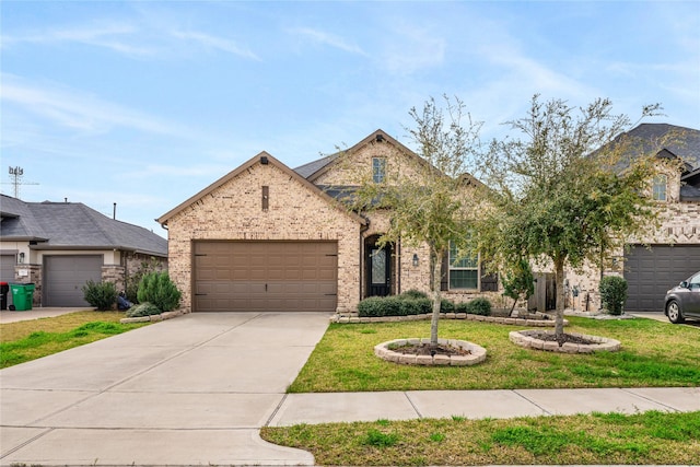 view of front of home featuring a front yard, an attached garage, brick siding, and driveway