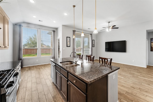 kitchen featuring a sink, stainless steel appliances, light wood-type flooring, and dark brown cabinets