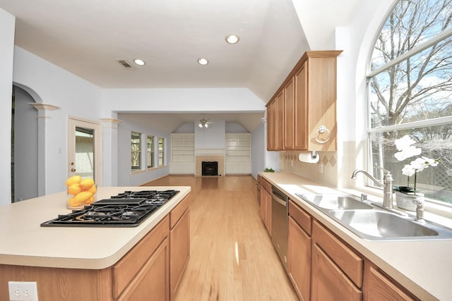 kitchen with a ceiling fan, black gas stovetop, a sink, stainless steel dishwasher, and a fireplace