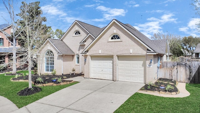 view of front of property featuring fence, an attached garage, concrete driveway, a front lawn, and brick siding