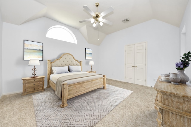 bedroom featuring visible vents, light carpet, lofted ceiling, a ceiling fan, and baseboards