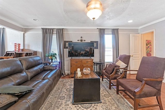 living area featuring wood finished floors and ornamental molding