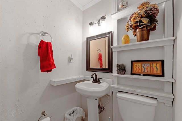 bathroom featuring toilet, a textured wall, and ornamental molding