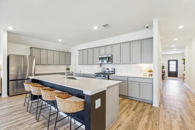 kitchen with visible vents, backsplash, gray cabinets, appliances with stainless steel finishes, and a kitchen island with sink