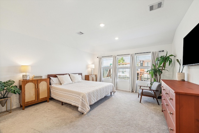 bedroom featuring recessed lighting, visible vents, light colored carpet, and baseboards