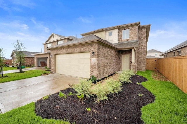 traditional-style house with concrete driveway, fence, brick siding, and a garage