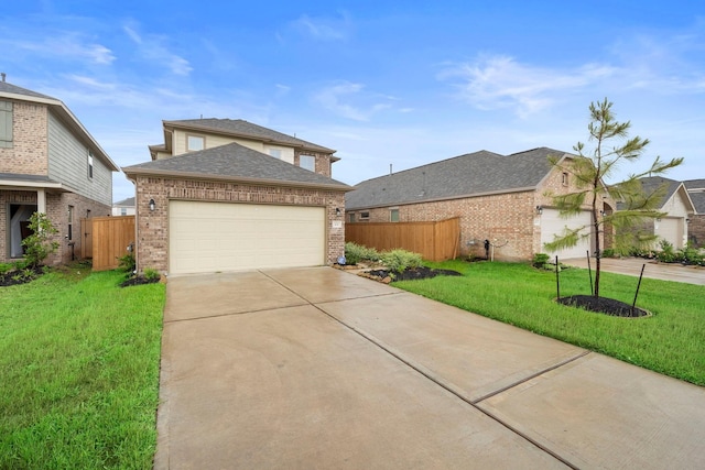 view of front of home featuring brick siding, fence, concrete driveway, a front yard, and an attached garage