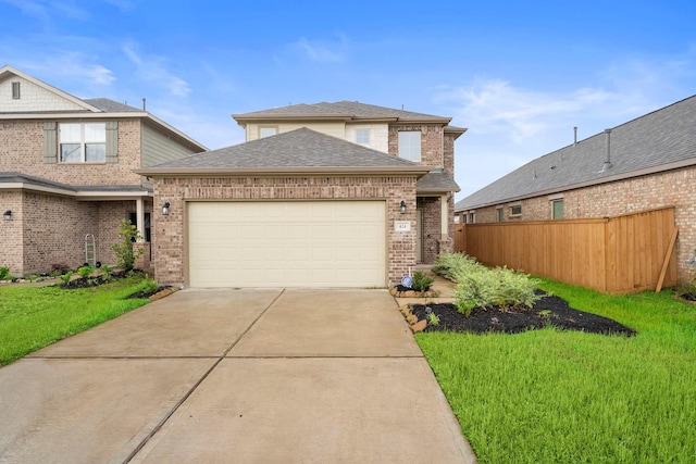 view of front of property with brick siding, roof with shingles, concrete driveway, and an attached garage