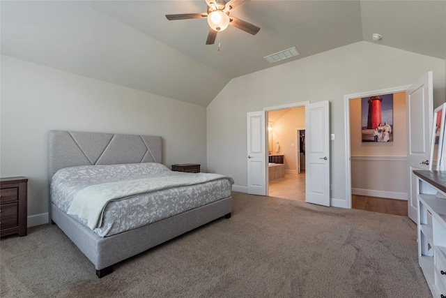 carpeted bedroom with a ceiling fan, lofted ceiling, baseboards, and visible vents