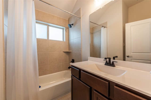 full bathroom with shower / bath combo and vanity