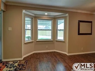 spare room with dark wood finished floors, baseboards, and ornamental molding