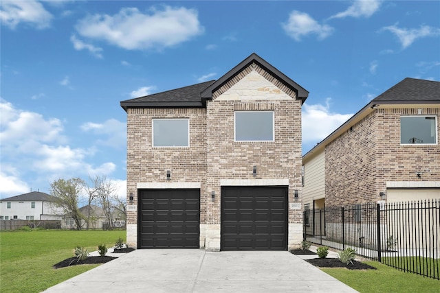 view of front of house featuring a front lawn, concrete driveway, fence, and brick siding