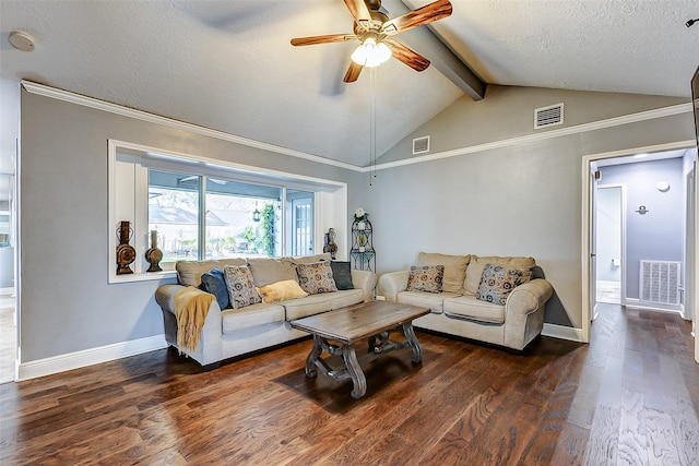 living room with visible vents, dark wood finished floors, and a ceiling fan