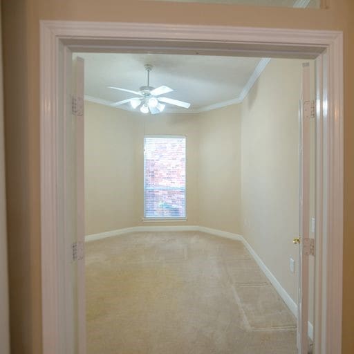 unfurnished room featuring light colored carpet, a ceiling fan, baseboards, and ornamental molding