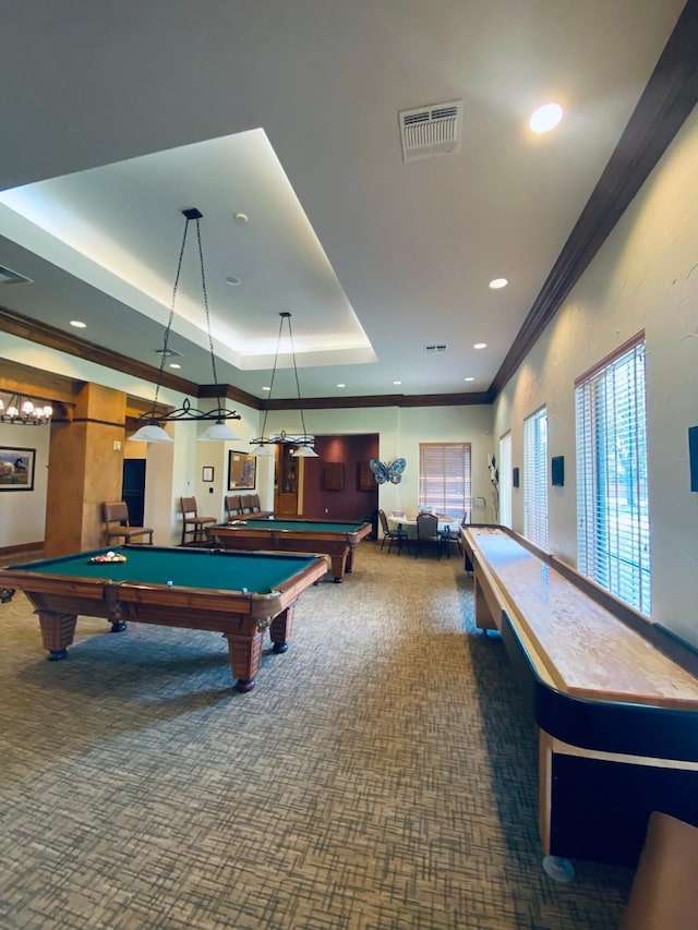 rec room featuring billiards, carpet, visible vents, ornamental molding, and a raised ceiling