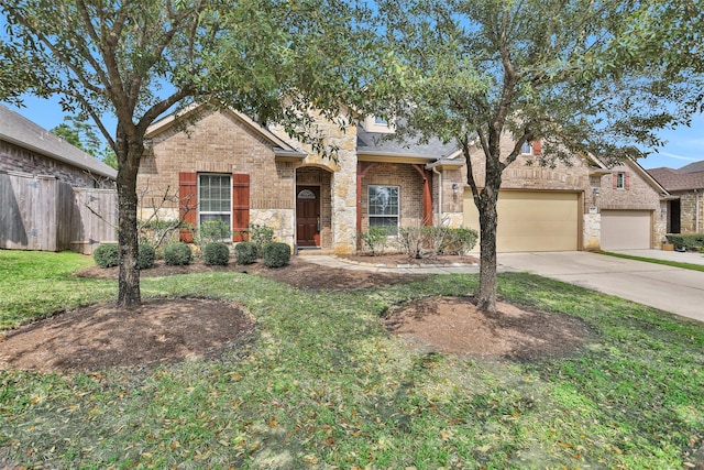 ranch-style house featuring concrete driveway, a garage, brick siding, and a front lawn