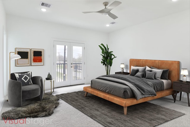 carpeted bedroom featuring french doors, visible vents, ceiling fan, and access to exterior