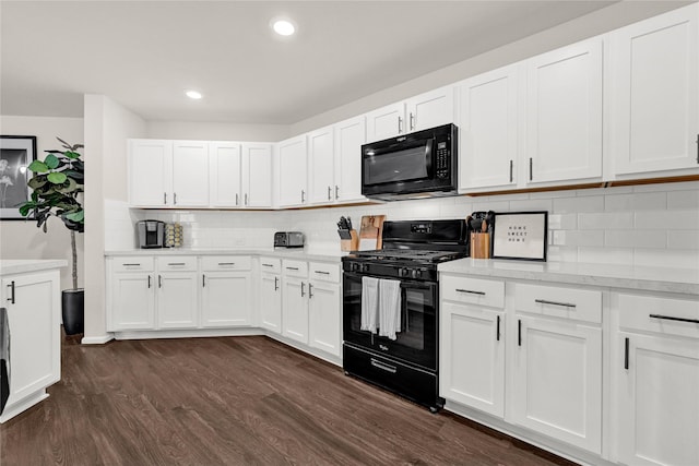 kitchen featuring white cabinetry, black appliances, light countertops, and dark wood-style flooring