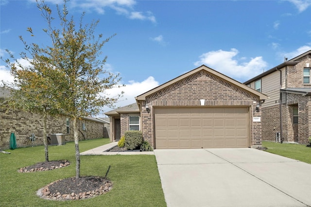 ranch-style house with a front yard, central AC, concrete driveway, a garage, and brick siding