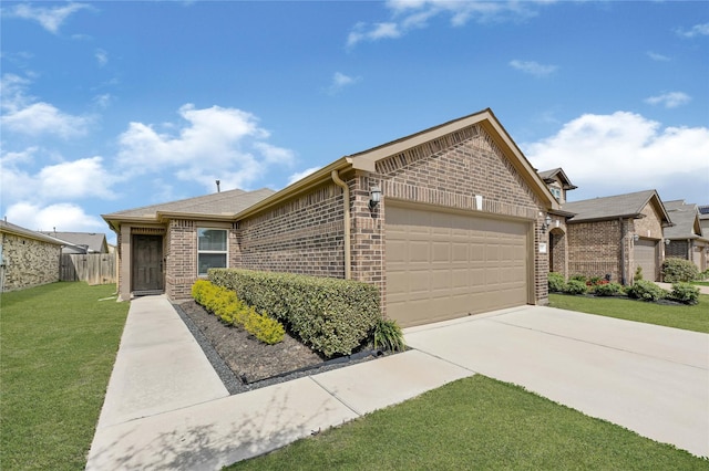 single story home featuring driveway, a front lawn, fence, a garage, and brick siding