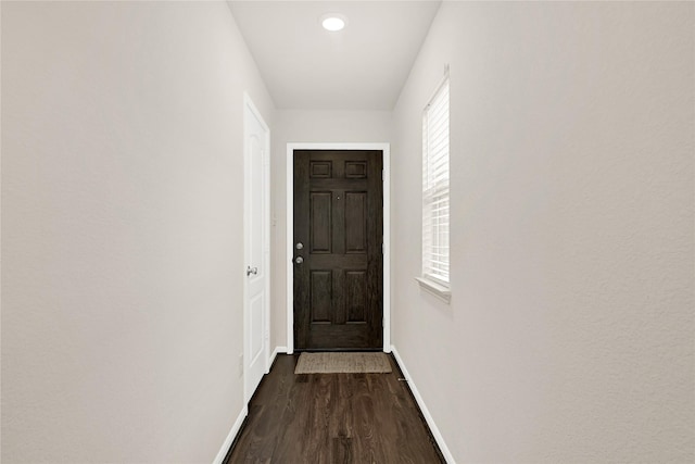 doorway to outside with dark wood finished floors and baseboards