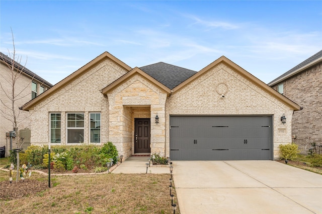 view of front of house with stone siding, concrete driveway, an attached garage, a shingled roof, and brick siding