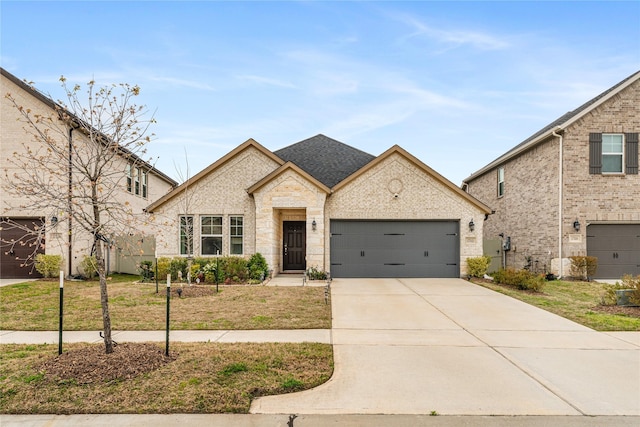 view of front of property with brick siding, a garage, driveway, and roof with shingles