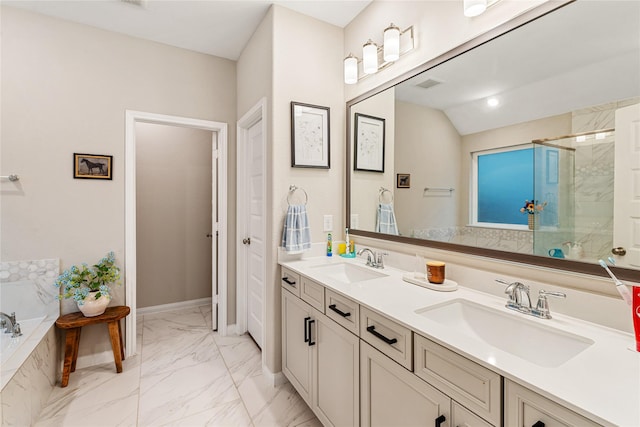 full bathroom featuring a marble finish shower, visible vents, marble finish floor, and a sink