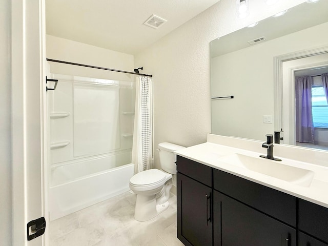 bathroom featuring visible vents, shower / bathtub combination with curtain, toilet, and vanity