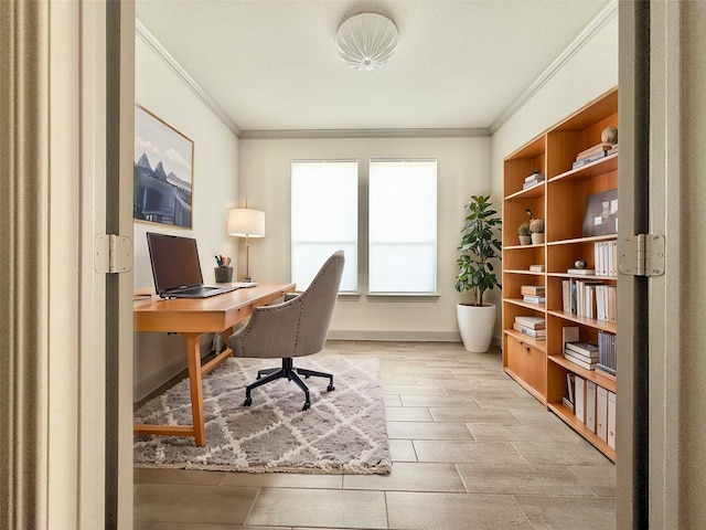 office with wood finish floors, baseboards, and ornamental molding