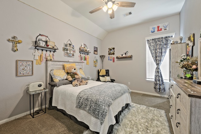 bedroom featuring visible vents, light carpet, a ceiling fan, baseboards, and vaulted ceiling