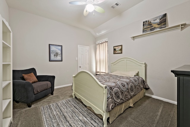 bedroom with carpet, visible vents, baseboards, lofted ceiling, and ceiling fan