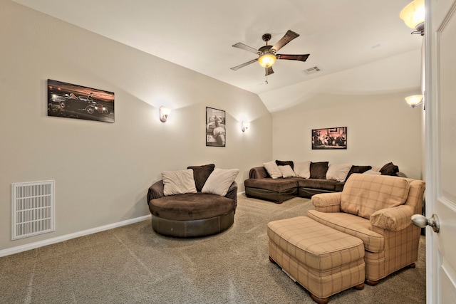 cinema room featuring baseboards, visible vents, carpet floors, ceiling fan, and vaulted ceiling