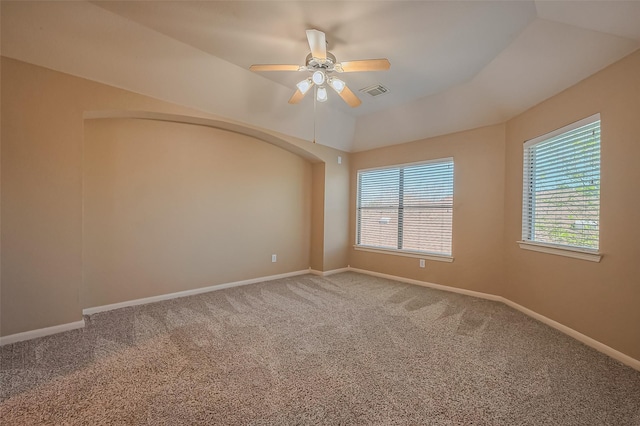 unfurnished room with ceiling fan, carpet, and baseboards