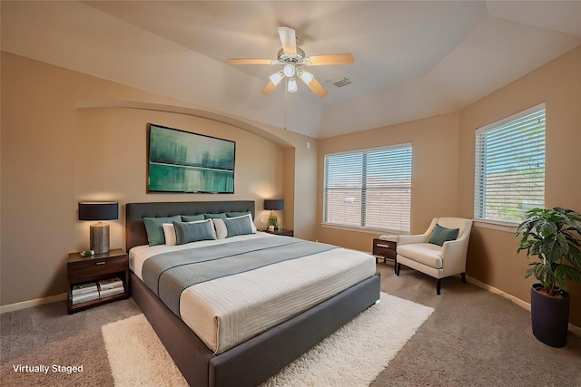 bedroom with carpet flooring, baseboards, and ceiling fan
