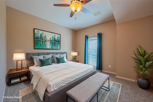 bedroom featuring carpet, baseboards, and ceiling fan