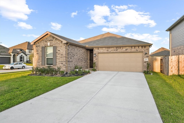 ranch-style home featuring fence, driveway, a front lawn, a garage, and brick siding