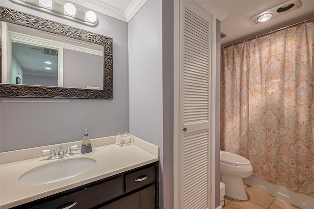 bathroom with vanity, a closet, crown molding, toilet, and tile patterned floors