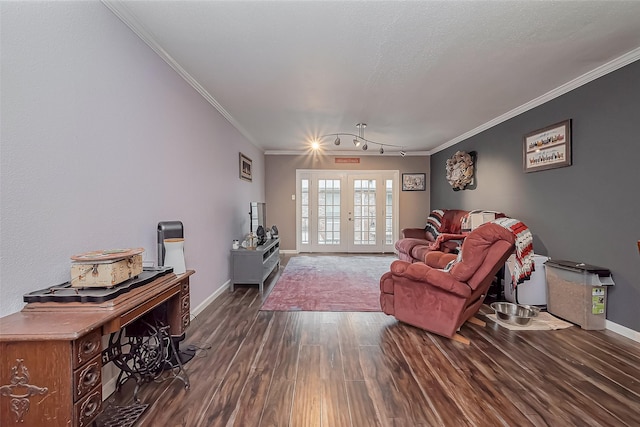 living room featuring crown molding, baseboards, dark wood finished floors, french doors, and a textured ceiling