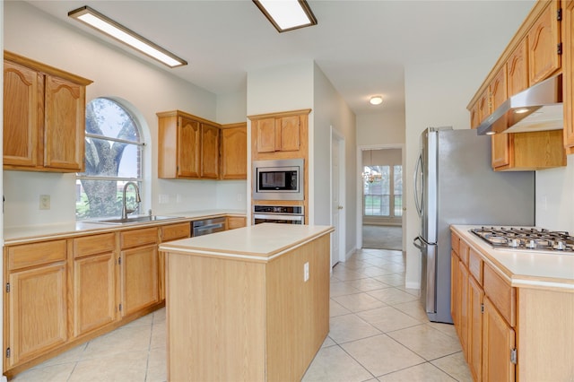 kitchen with under cabinet range hood, stainless steel appliances, light countertops, and a sink