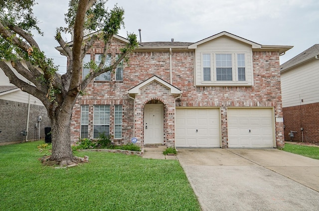 traditional home with brick siding, driveway, a front yard, and an attached garage