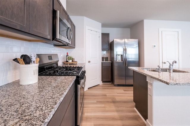 kitchen with light wood finished floors, tasteful backsplash, dark brown cabinetry, stainless steel appliances, and a sink