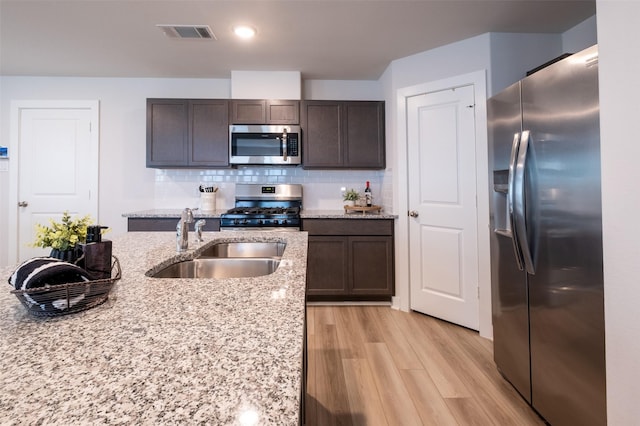 kitchen with a sink, light wood-style flooring, tasteful backsplash, and stainless steel appliances