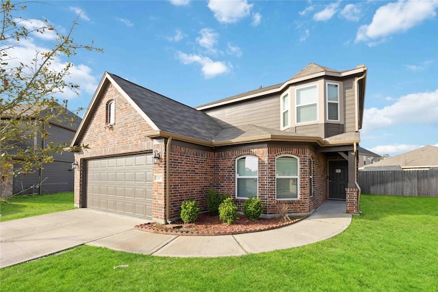 traditional-style home with driveway, a front lawn, fence, a garage, and brick siding